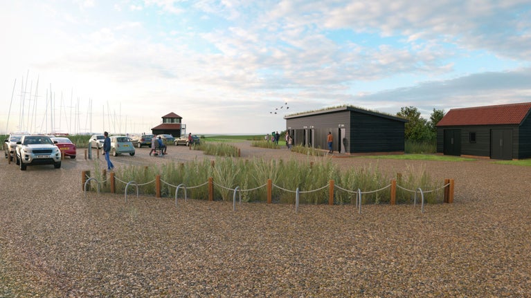 A computer generated image of the planned new black timber clad toilet block showing part of the car park in the foreground and the Lookout Building and masts of boats in the distance.